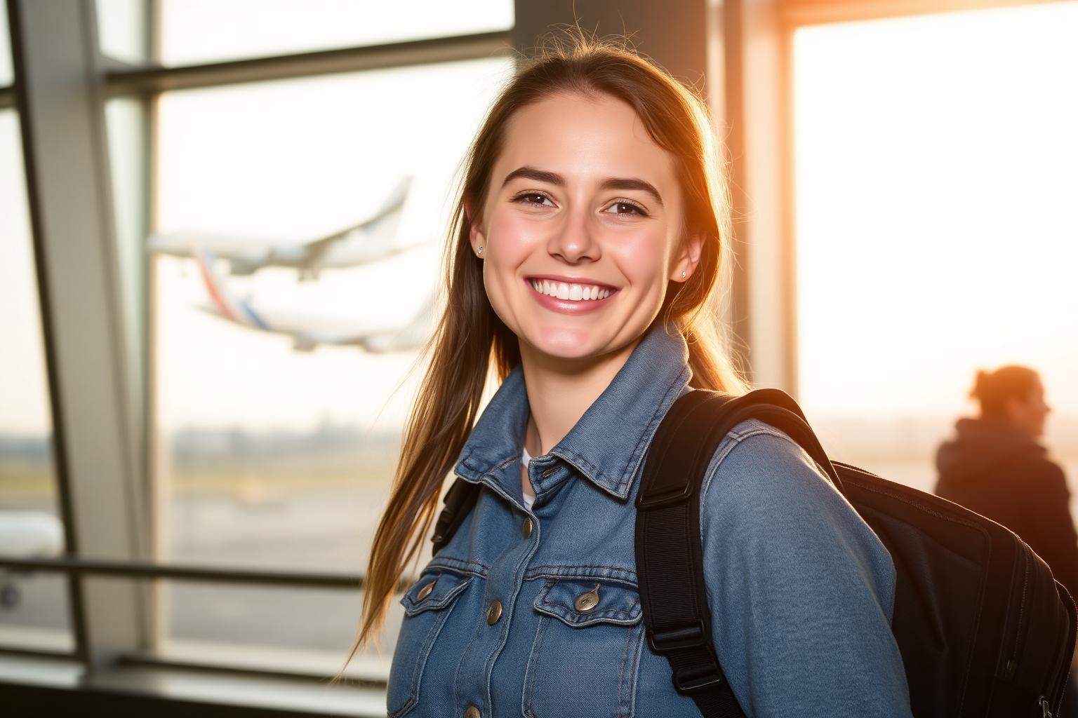 Viajante sorrindo no aeroporto com avião decolando ao fundo